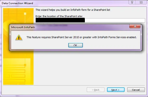 Microsoft InfoPath need SharePoint server 2010 or greater with InfoPath